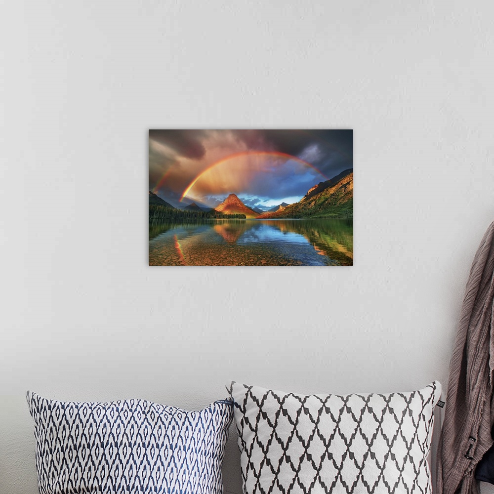 A bohemian room featuring Rainbow at Two Medicine Lake with Sinopah Mountain. USA, Montana, Glacier National Park, Two Medi...