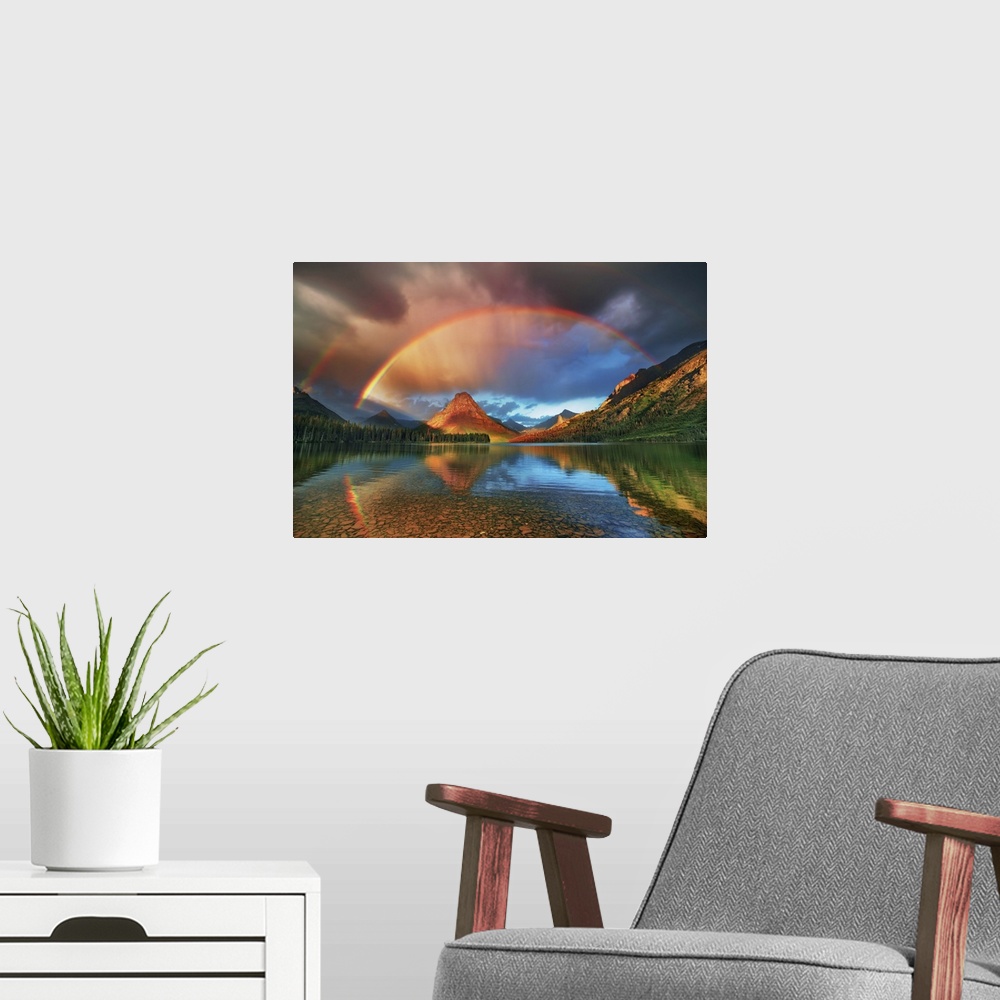 A modern room featuring Rainbow at Two Medicine Lake with Sinopah Mountain. USA, Montana, Glacier National Park, Two Medi...