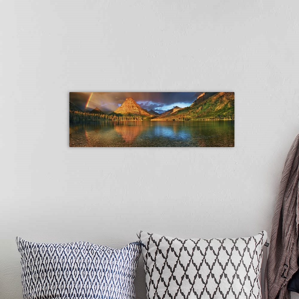 A bohemian room featuring Rainbow at Two Medicine Lake with Sinopah Mountain. USA, Montana, Glacier National Park, Two Medi...