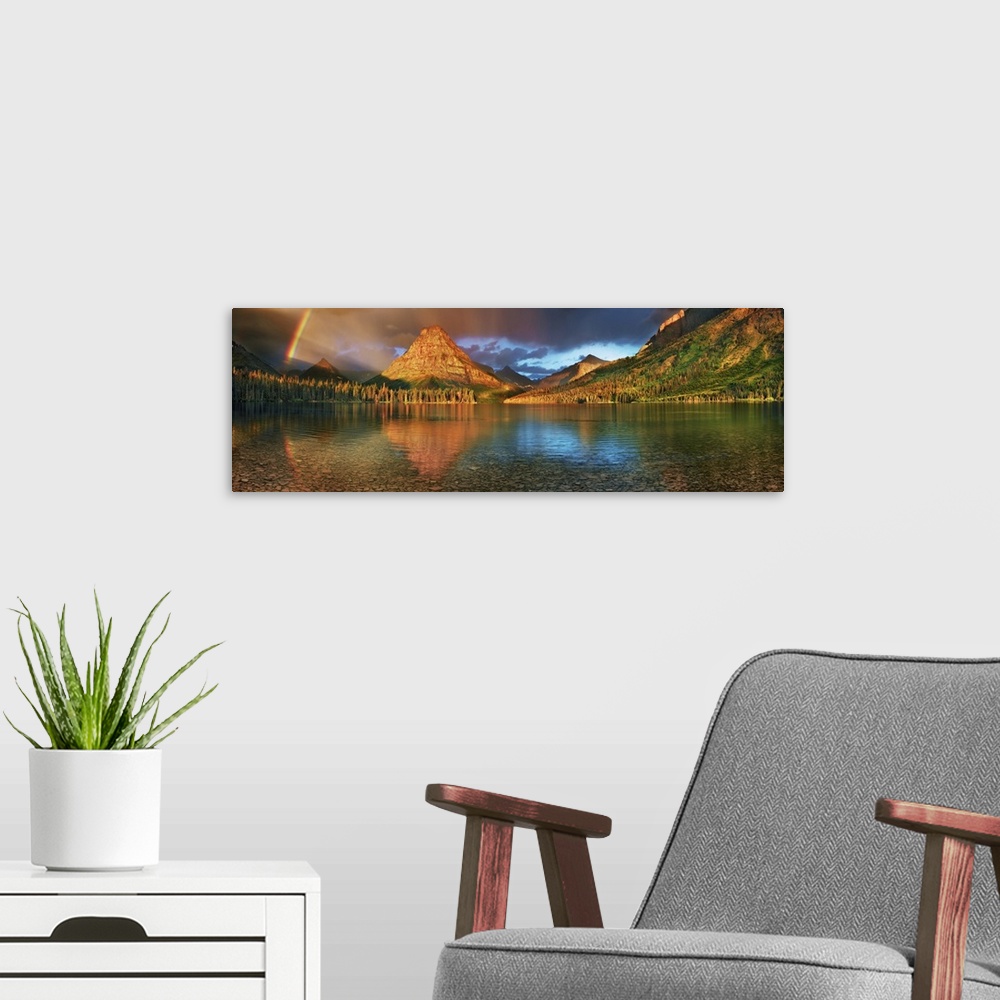 A modern room featuring Rainbow at Two Medicine Lake with Sinopah Mountain. USA, Montana, Glacier National Park, Two Medi...