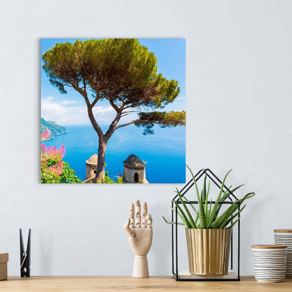 A bohemian room featuring Ravello, Amalfi Coast, Sorrento, Italy. View of the coastline from Villa Rufolo