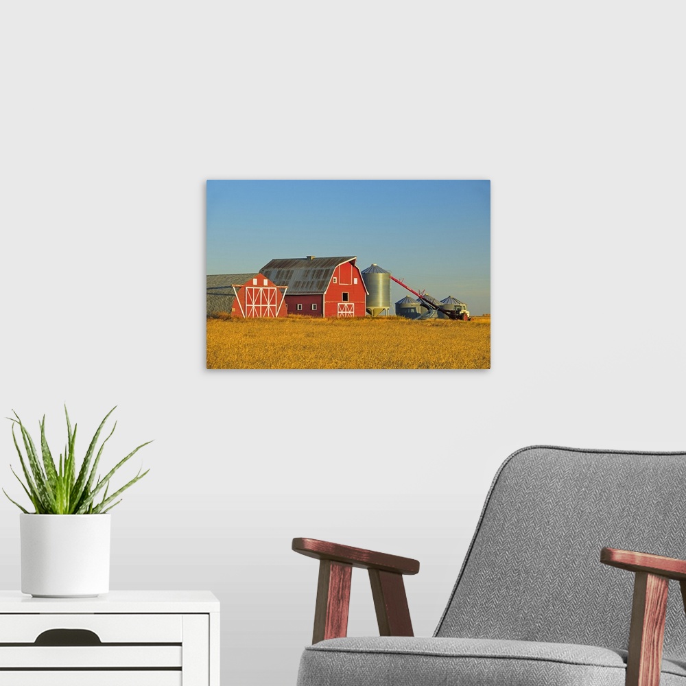 A modern room featuring Red Barn, Grain Bins And Auger At Sunrise Near Moose Jaw, Saskatchewan, Canada