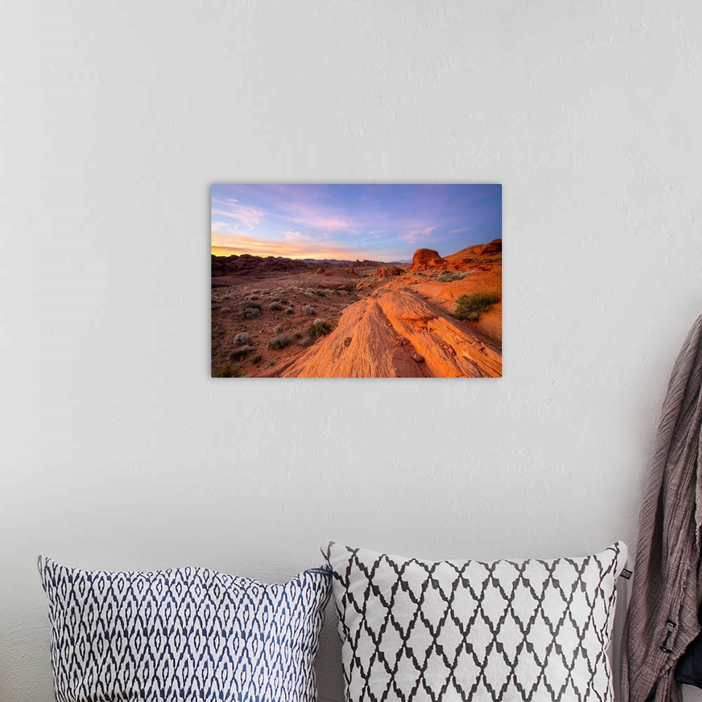 A bohemian room featuring Red rocks at White Domes area at sunset, Valley of Fire State Park, Nevada, Western United States...