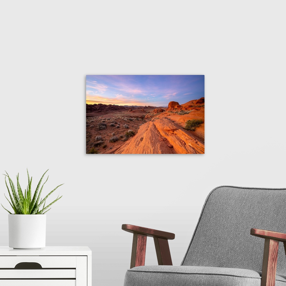A modern room featuring Red rocks at White Domes area at sunset, Valley of Fire State Park, Nevada, Western United States...