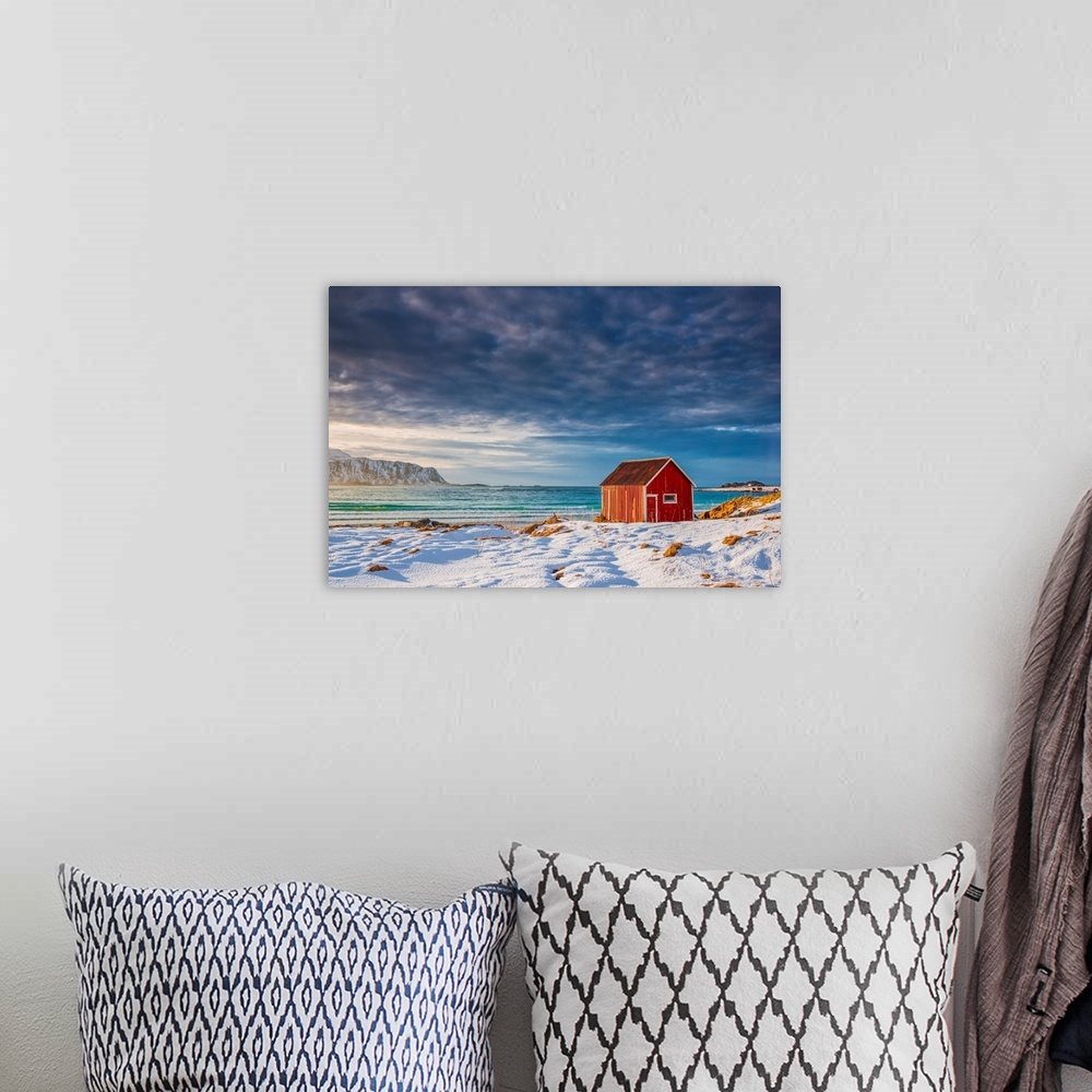 A bohemian room featuring Red Shack In Winter, Lofoten Islands, Norway