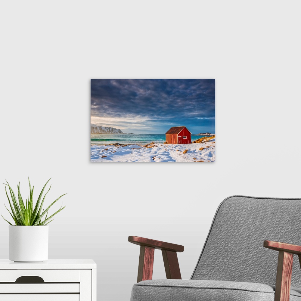 A modern room featuring Red Shack In Winter, Lofoten Islands, Norway