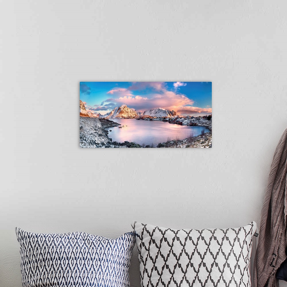 A bohemian room featuring Reine, Lofoten Islands, Norway; Panoramic photo of Reine.