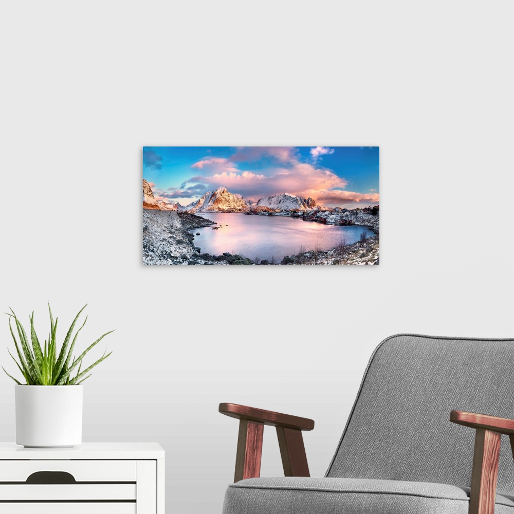 A modern room featuring Reine, Lofoten Islands, Norway; Panoramic photo of Reine.