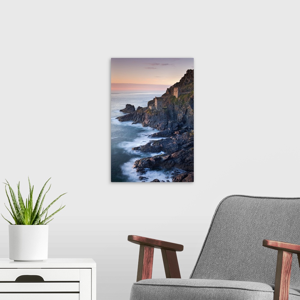 A modern room featuring Remains of The Crowns tin mine engine houses on the Cornish Atlantic coast near Botallack, St Jus...
