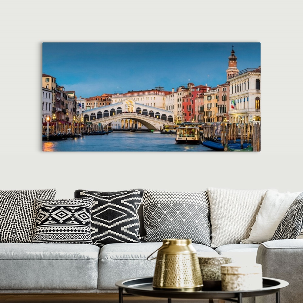 A bohemian room featuring Rialto Bridge At Dusk, Venice, Veneto, Italy.
