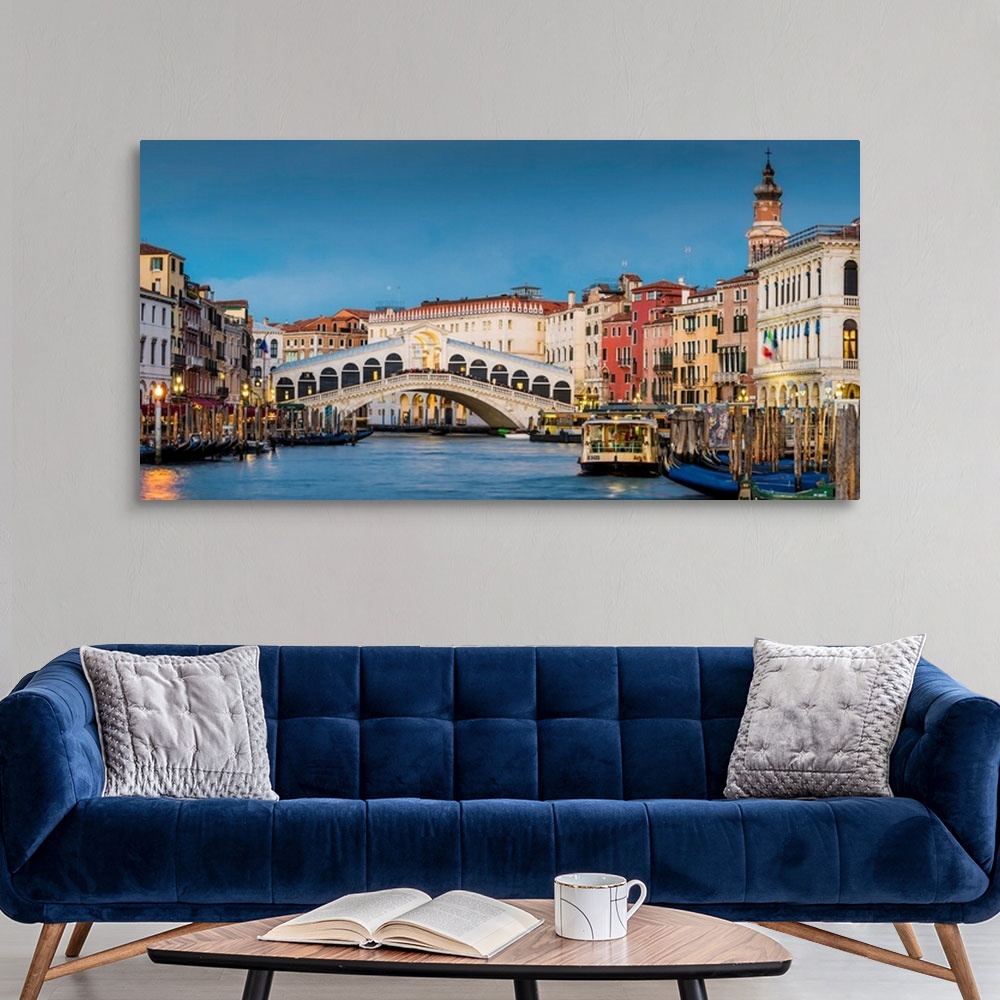 A modern room featuring Rialto Bridge At Dusk, Venice, Veneto, Italy.
