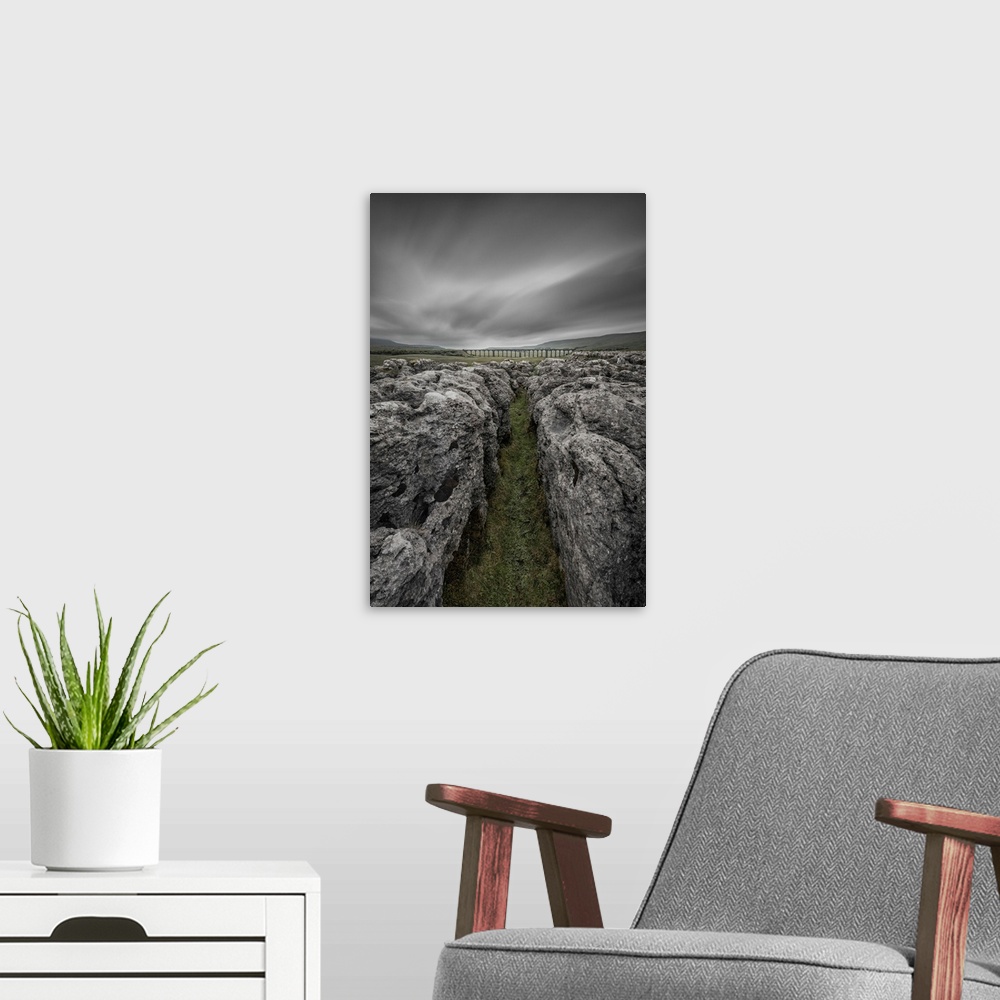 A modern room featuring Ribblehead Viaduct and limestone pavement, Ribble Valley, Yorkshire Dales National Park, North Yo...