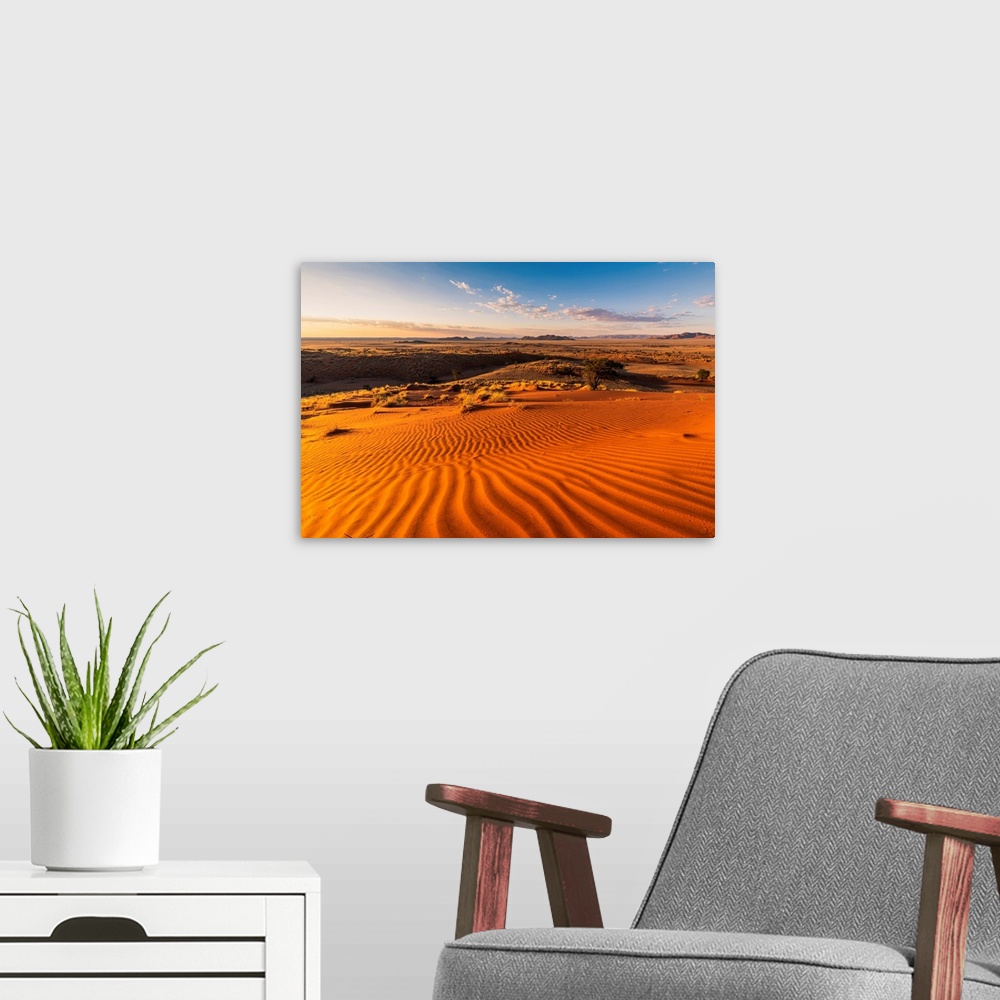 A modern room featuring Namib-Naukluft National Park, Namibia, Africa. Ripples Of Sand On A Petrified Dune At Sunset.