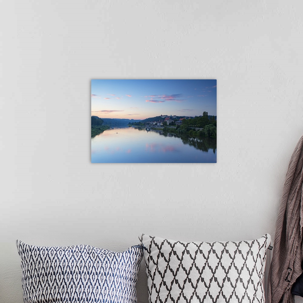 A bohemian room featuring View of River Elbe and Pirna at dawn, Saxony, Germany.