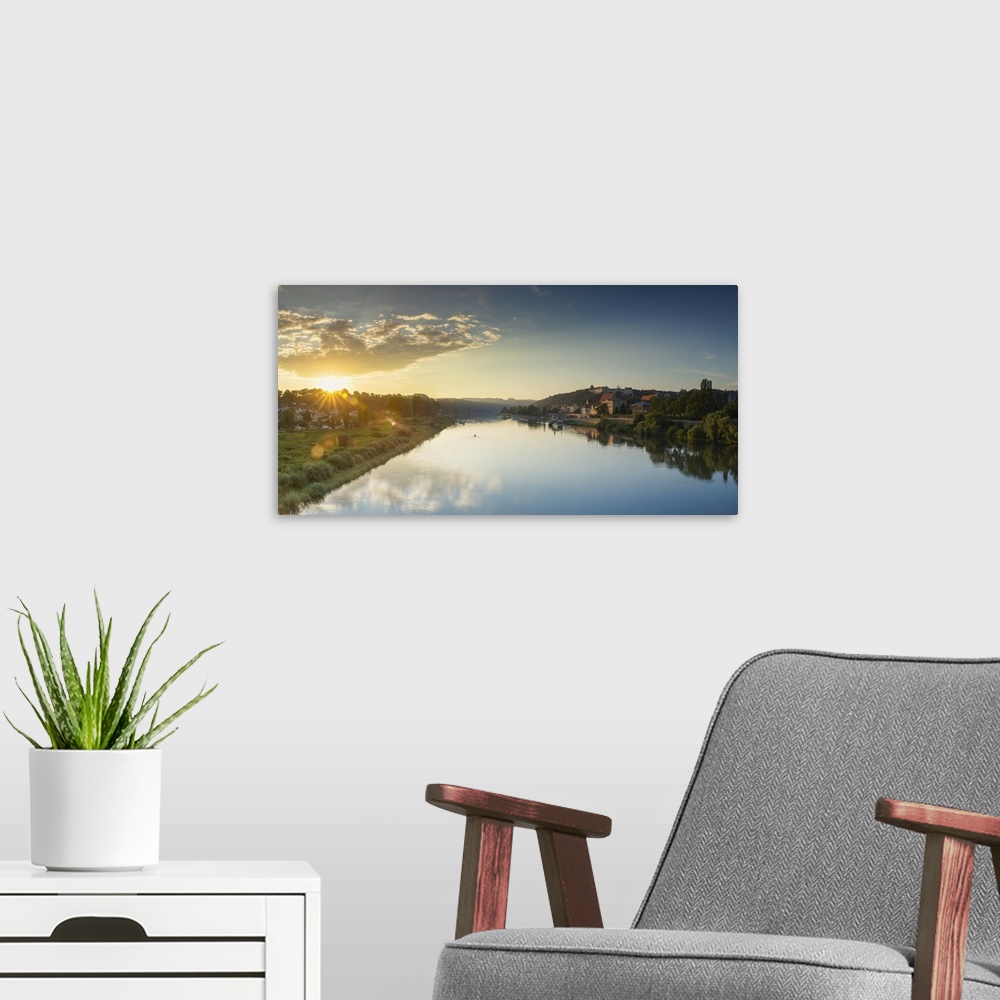 A modern room featuring View of River Elbe and Pirna at dawn, Saxony, Germany.