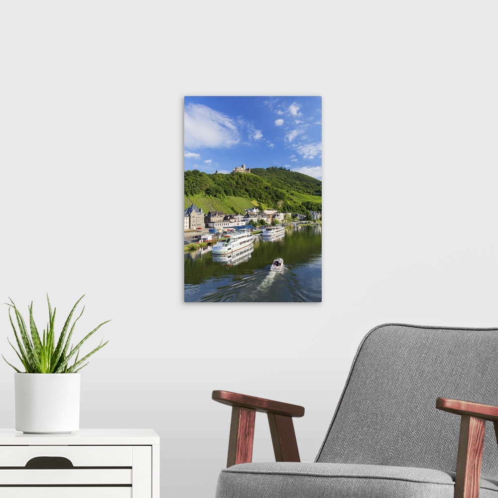 A modern room featuring View of River Moselle and Burg Landshut, Bernkastel-Kues, Rhineland-Palatinate, Germany.