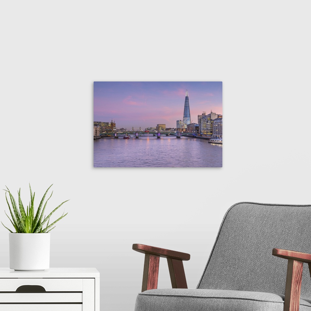 A modern room featuring River Thames, Southwark Bridge and The Shard, London, England, UK