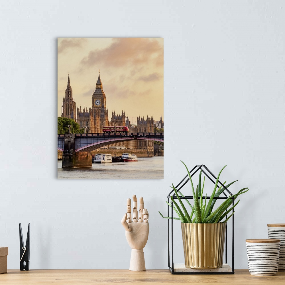 A bohemian room featuring View over the River Thames towards the Palace of Westminster at sunrise, London, England, United ...