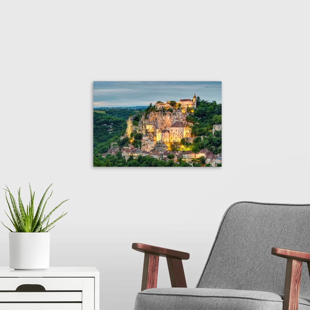 A modern room featuring Rocamadour, pilgrimage town along El Camino de Santiago at dusk, Lot Department, Midi-Pyrenees, F...