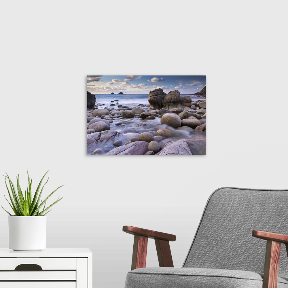 A modern room featuring Rocky cove at Porth Nanven near Land's End, Cornwall, England. Winter (December)