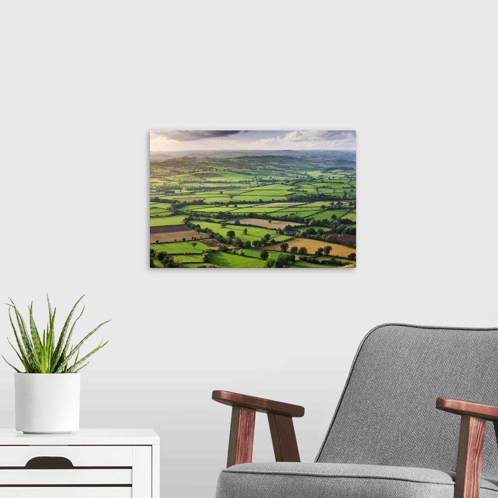 A modern room featuring Rolling fields near Llangorse, Brecon Beacons National Park, Powys, Wales, UK. Autumn, October, 2...