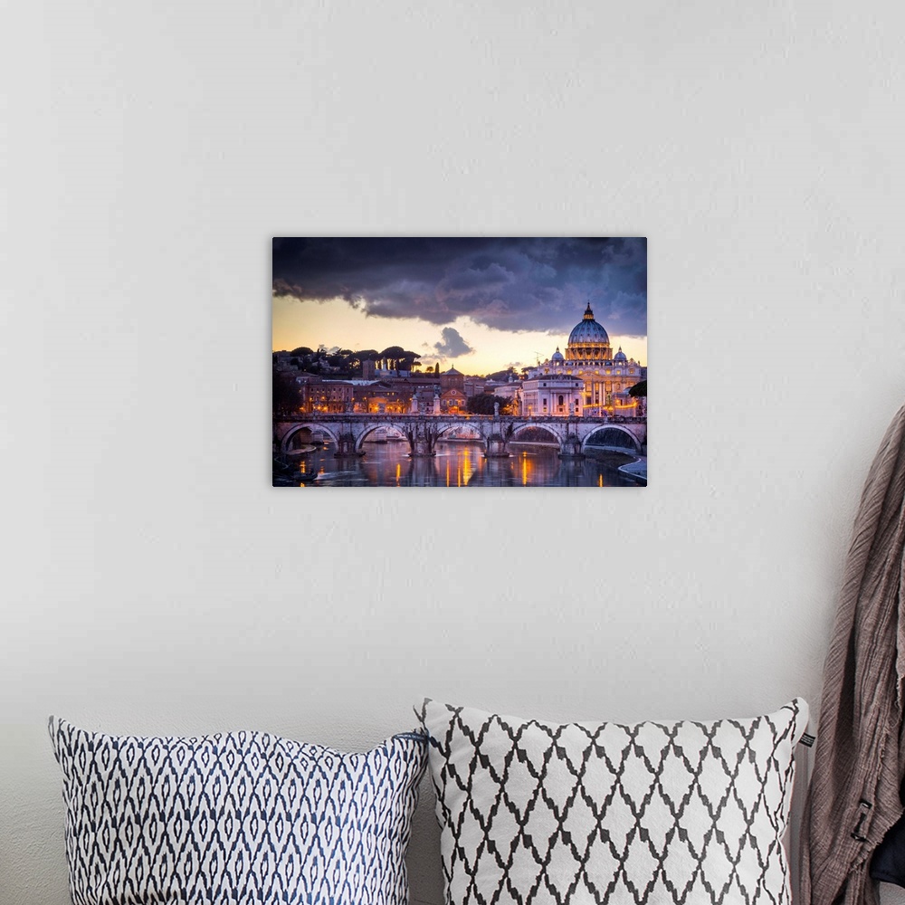 A bohemian room featuring Rome, Lazio, Italy. Sunset on Tevere River, with Saint Peter Cathedral on the background.