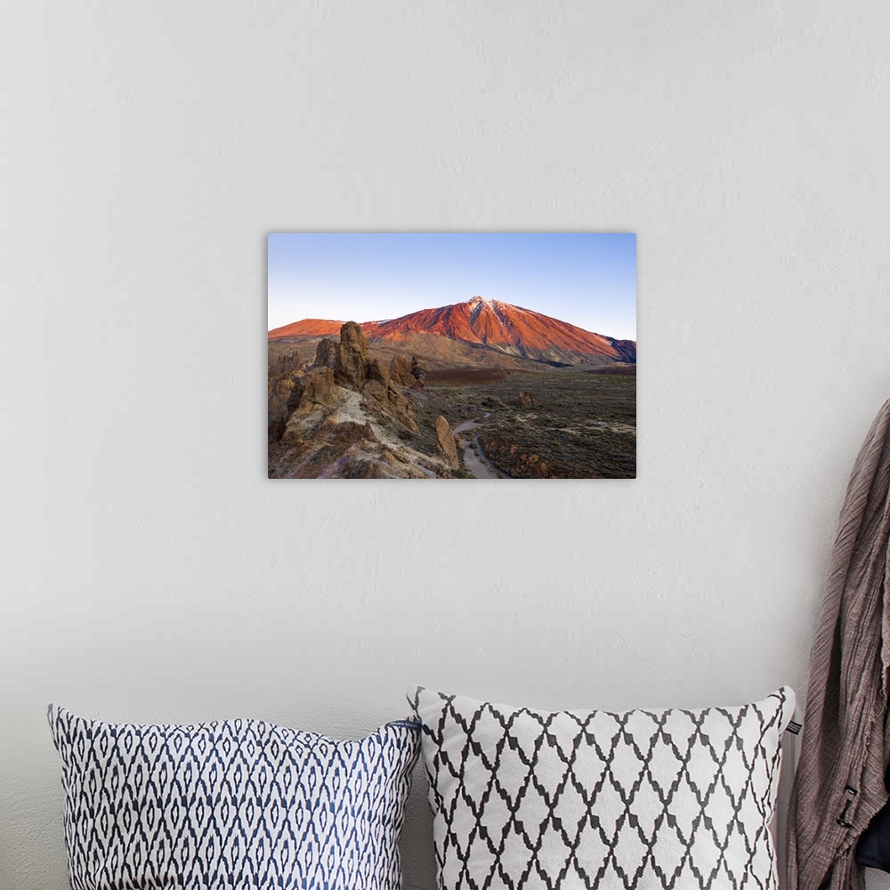 A bohemian room featuring Roques de Garcia with mount Teide in background. Tenerife, Canary Islands, Spain