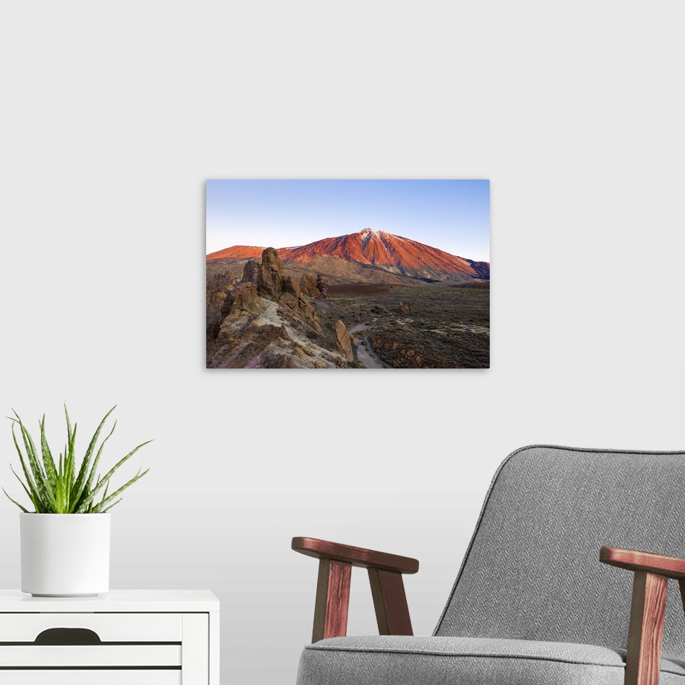 A modern room featuring Roques de Garcia with mount Teide in background. Tenerife, Canary Islands, Spain