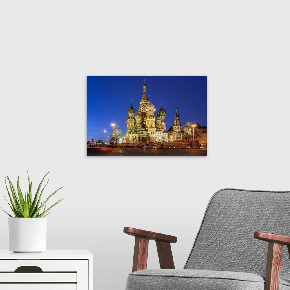 A modern room featuring Russia, Moscow, Red Square, Kremlin, St. Basil's Cathedral.