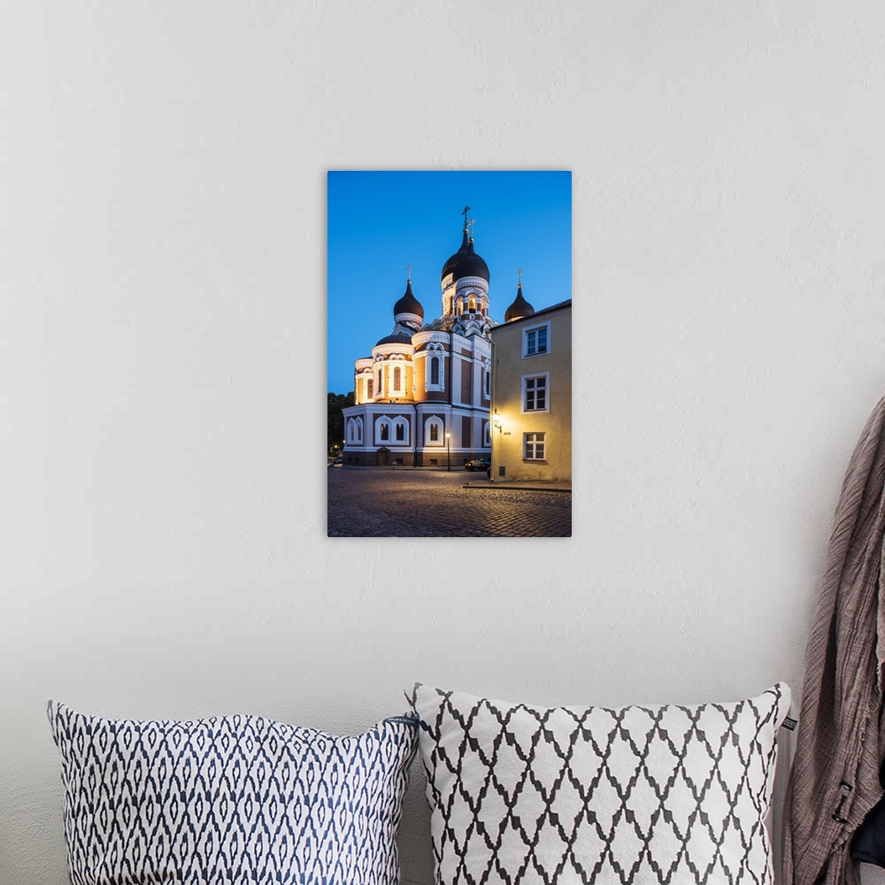 A bohemian room featuring Exterior of Russian Orthodox Alexander Nevsky Cathedral at night, Toompea, Old Town, Tallinn, Est...