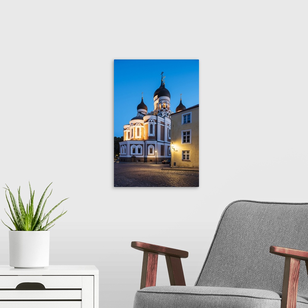 A modern room featuring Exterior of Russian Orthodox Alexander Nevsky Cathedral at night, Toompea, Old Town, Tallinn, Est...