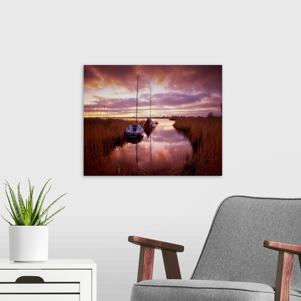 A modern room featuring Sailboats at Sunset, Horsey Mere, Norfolk Broads National Park, Norfolk, England