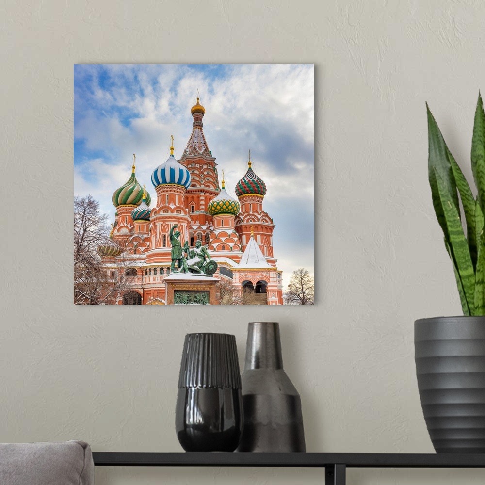 A modern room featuring Saint Basil's Cathedral, Monument to Minin and Pozharsky, Red square, Moscow, Russia.