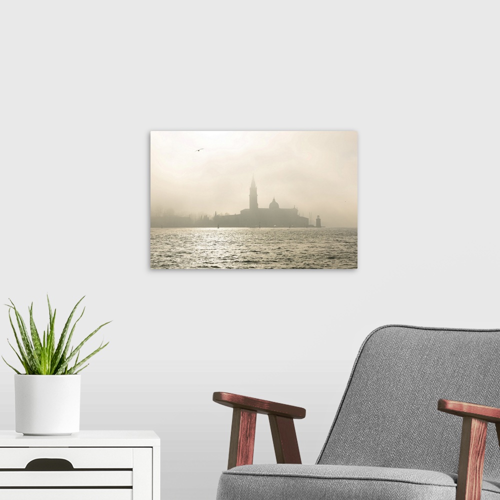A modern room featuring San Giorgio Maggiore in the mist. Venice, Veneto, Italy, Europe.
