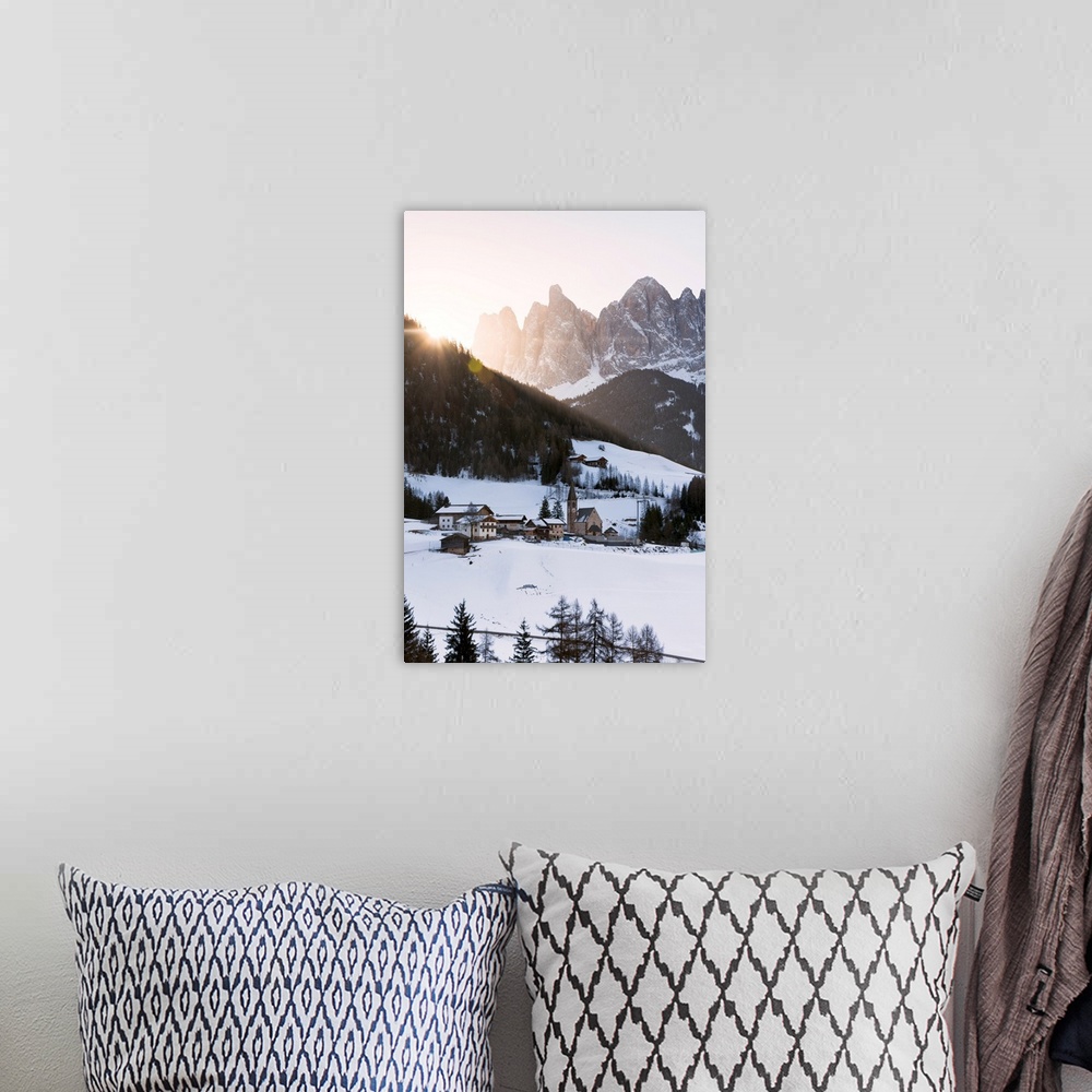 A bohemian room featuring Sankt Magdalena in a winter sunrise in Funes valley, Odle Natural park in Trentino Alto Adige dis...