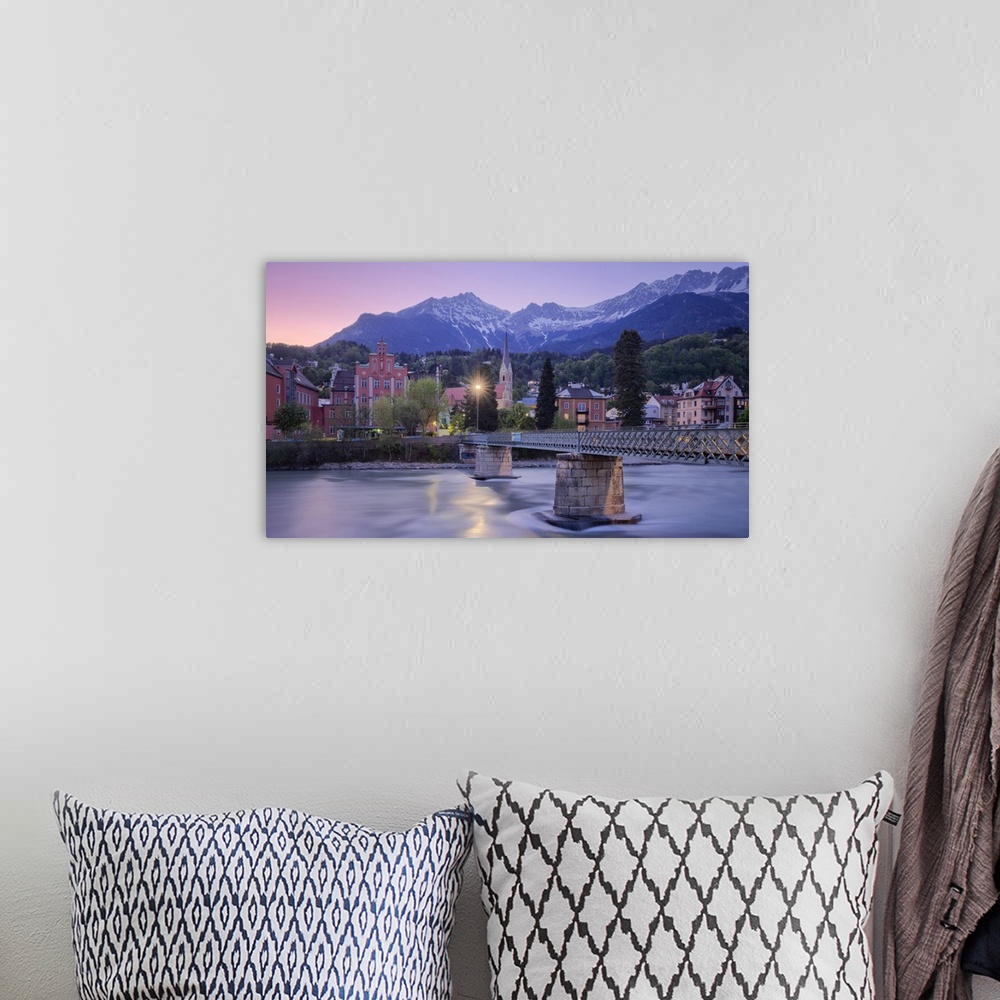 A bohemian room featuring Sankt Nikolaus district at dusk with the Nordkette mountain range in the background, Innsbruck, T...