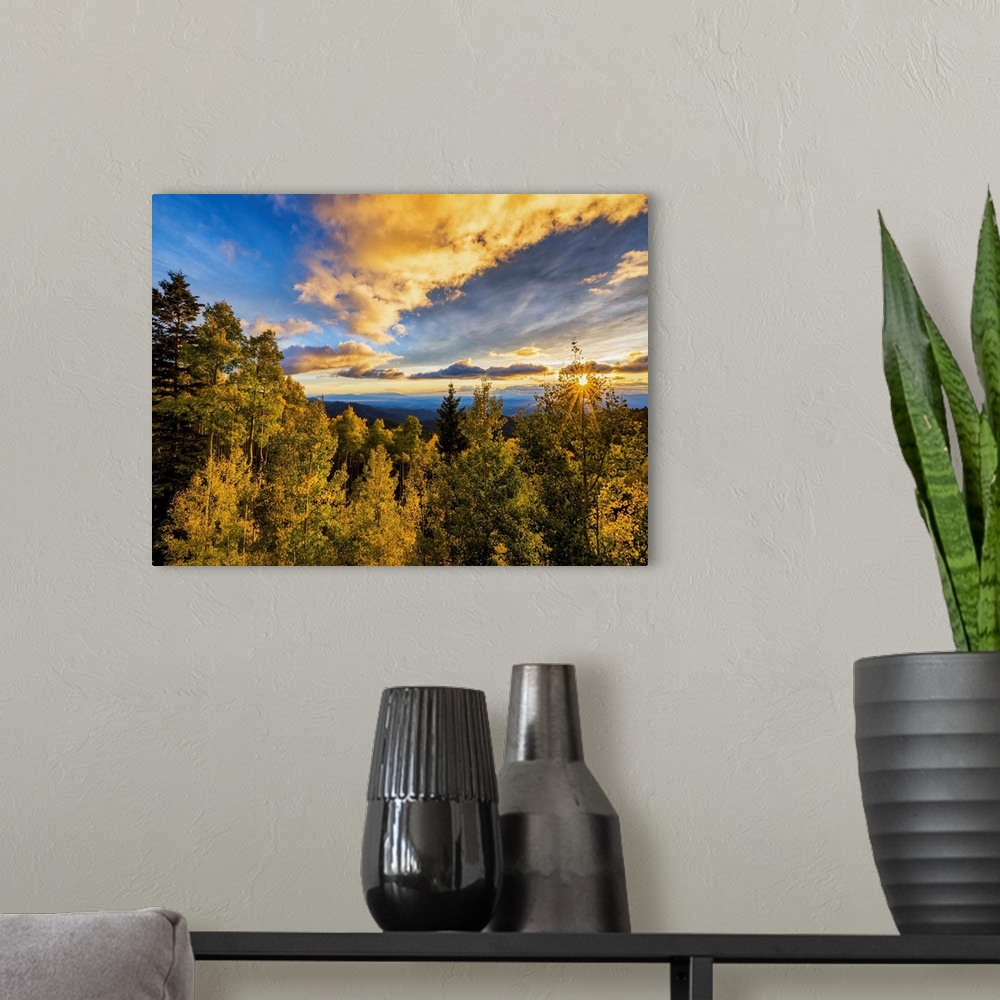 A modern room featuring Santa Fe National Forest At Sunset In Autumn, Santa Fe, New Mexico, USA