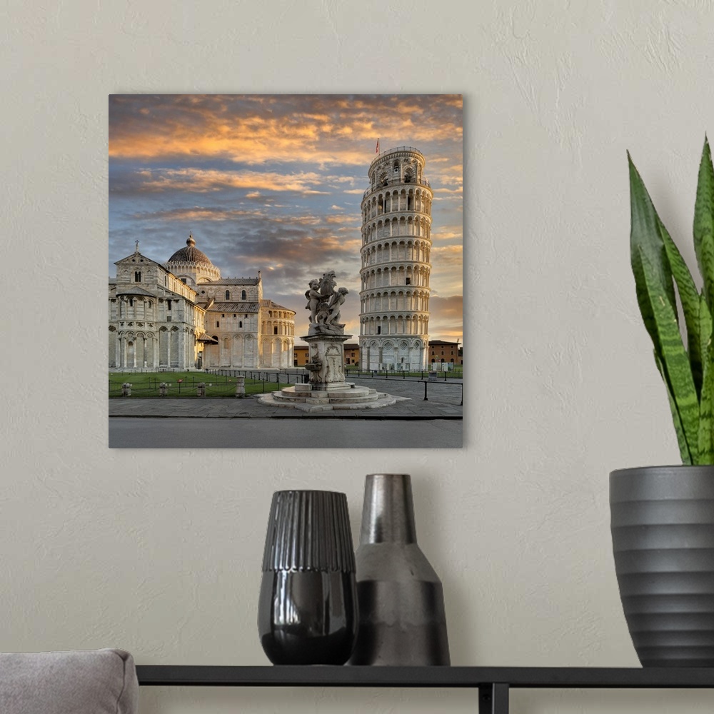 A modern room featuring Santa Maria Assunta Cathedral and Leaning Tower of Pisa, Piazza dei Miracoil, Pisa, Tuscany, Italy.