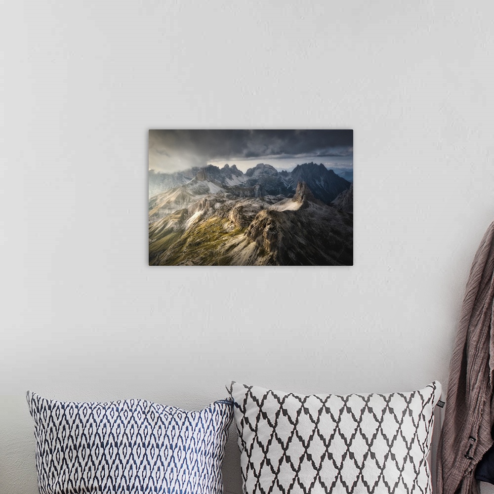 A bohemian room featuring Aerial view of Scarpieri Tower and  Sesto Dolomites. Bolzano province, South Tyrol, Italy
