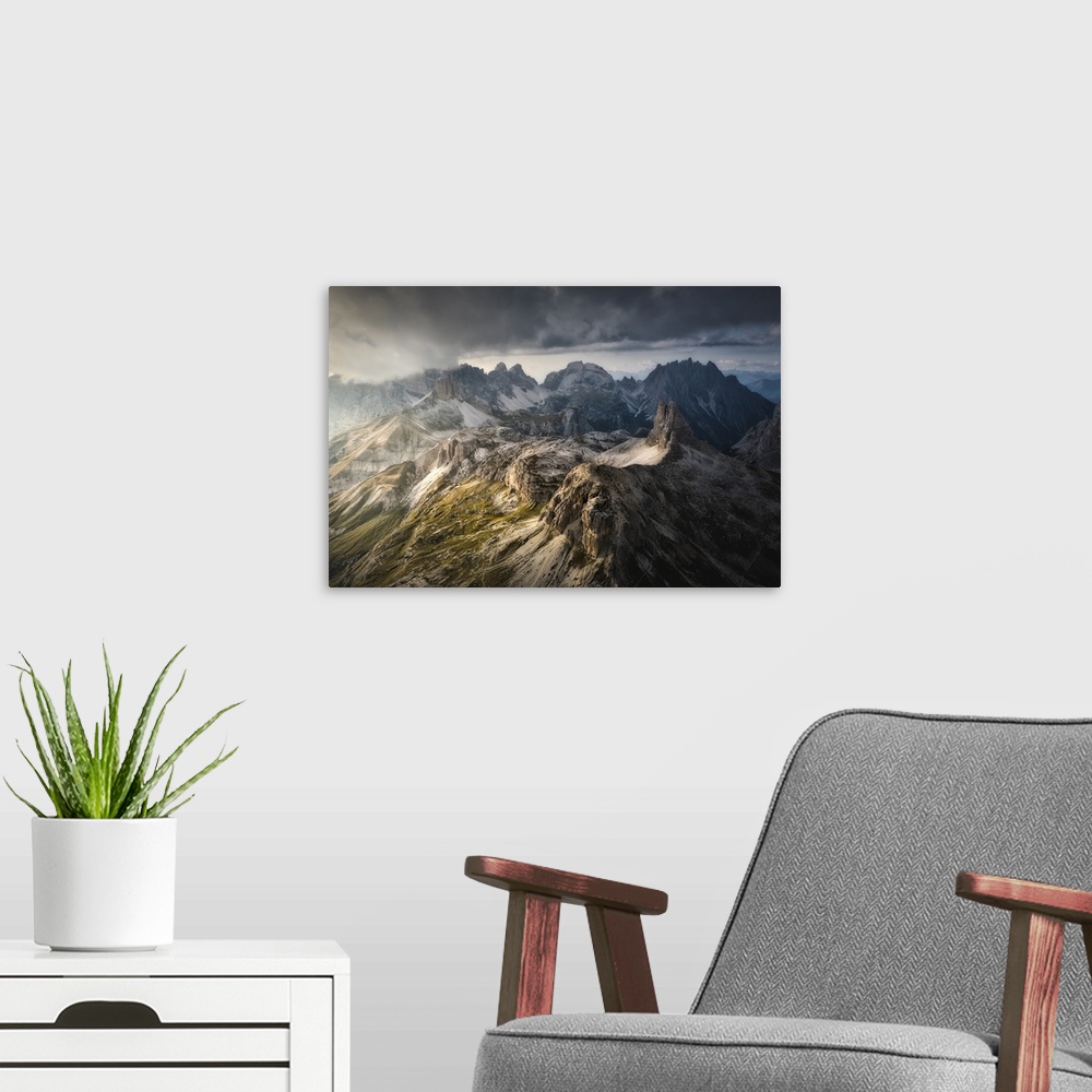 A modern room featuring Aerial view of Scarpieri Tower and  Sesto Dolomites. Bolzano province, South Tyrol, Italy
