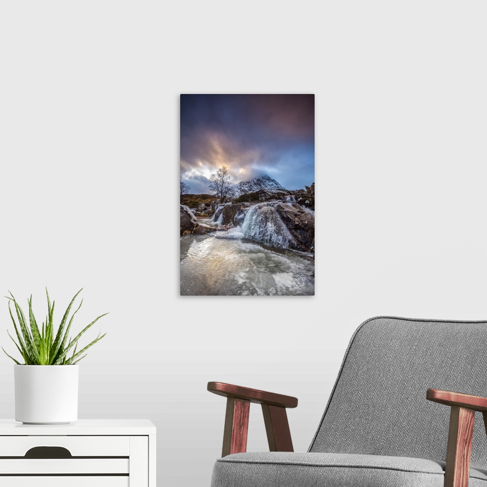 A modern room featuring UK, Scotland, Highland, Glen Coe, River Coupall, Coupall Falls and Buachaille Etive Mor.