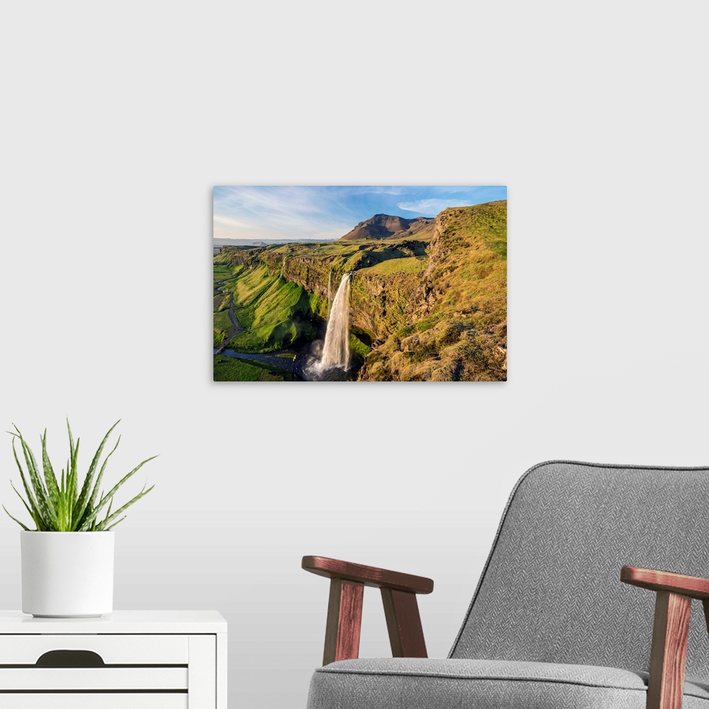 A modern room featuring Seljalandsfoss Waterfall, Southern Iceland, Iceland