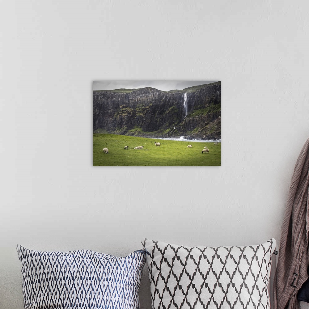 A bohemian room featuring Sheep in front of waterfall in Talisker Bay, Minginish Peninsula, Isle of Skye, Highlands, Scotla...