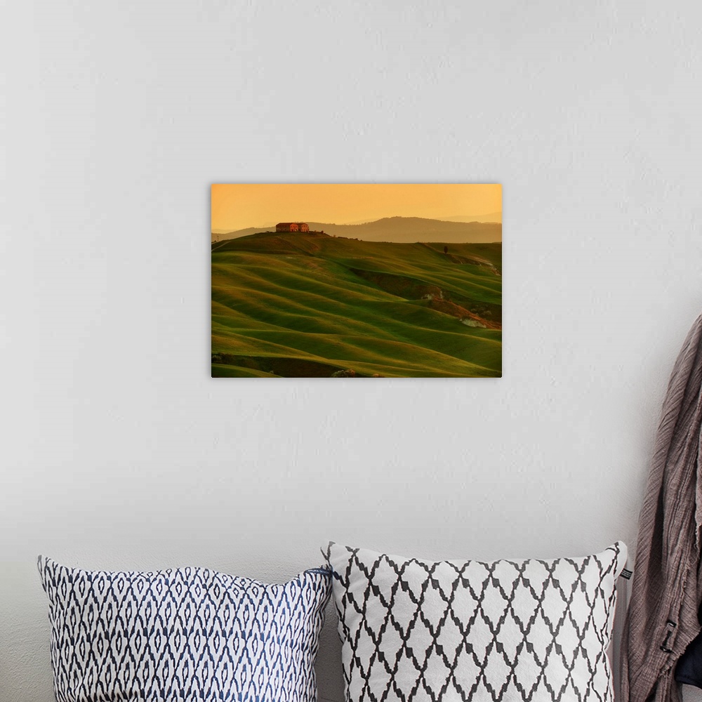 A bohemian room featuring Siena countryside (Crete Senesi) at sunrise in early spring, Tuscany, Italy