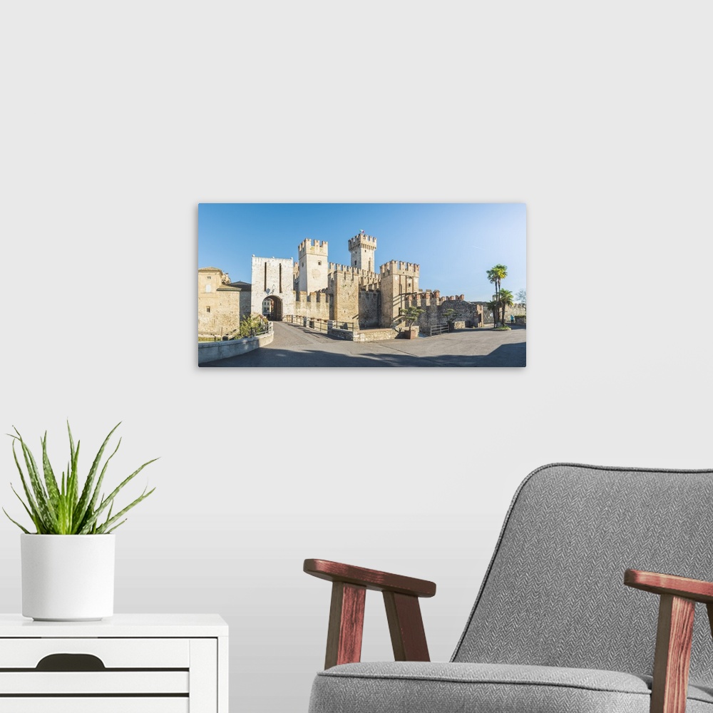 A modern room featuring Sirmione, lake Garda, Brescia province, Lombardy, Italy. Scaliger Castle (Rocca Scaligera).
