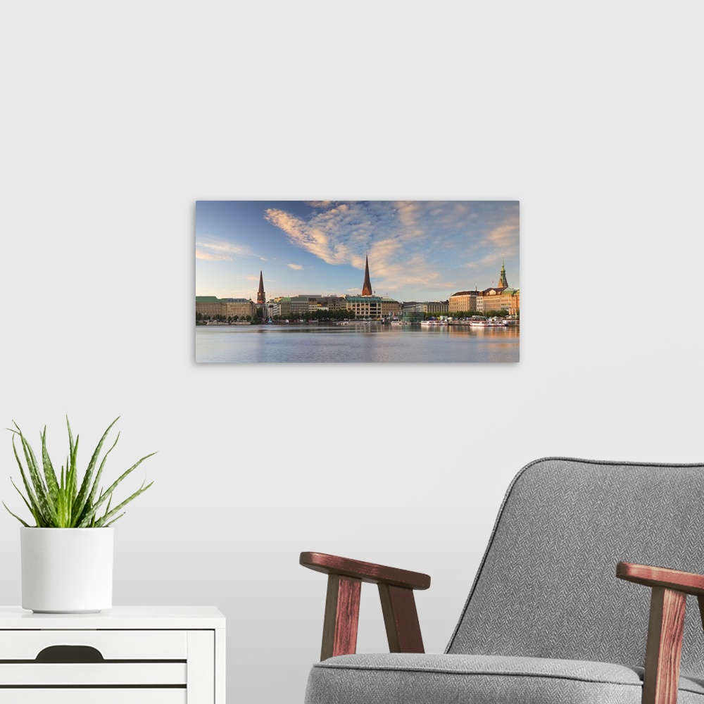 A modern room featuring Skyline of Binnenalster Lake at dawn, Hamburg, Germany.