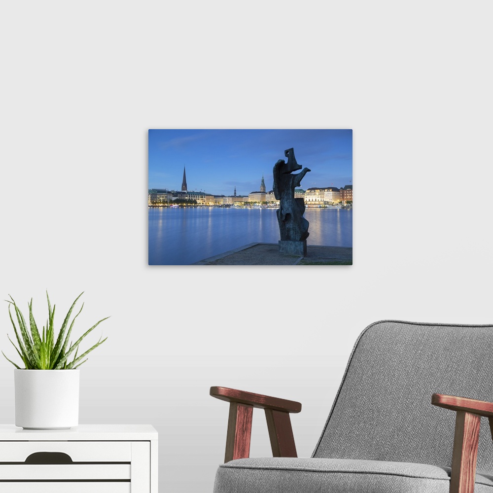 A modern room featuring Skyline of Binnenalster Lake, Hamburg, Germany.