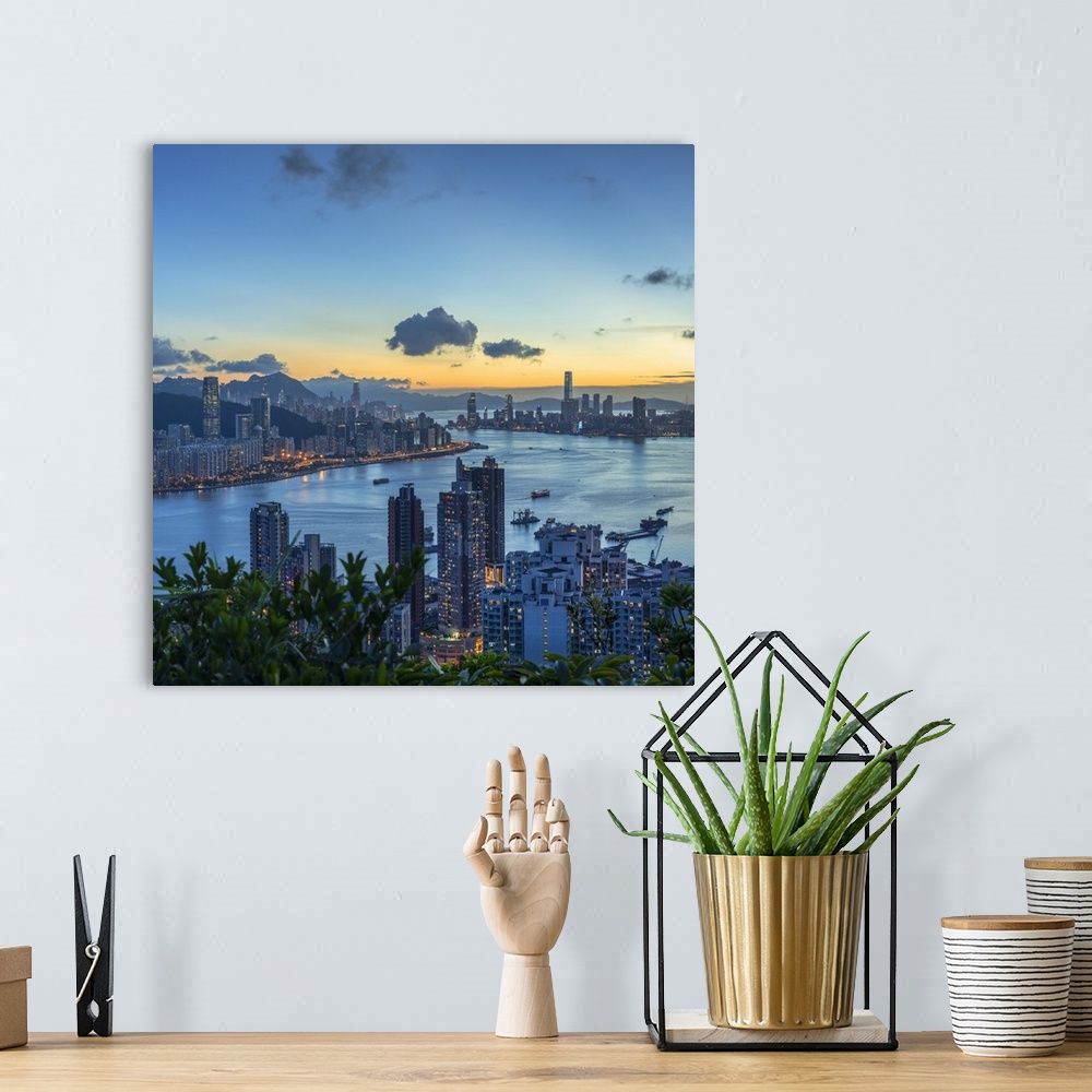 A bohemian room featuring Skyline of Hong Kong Island and Kowloon at sunset, Hong Kong