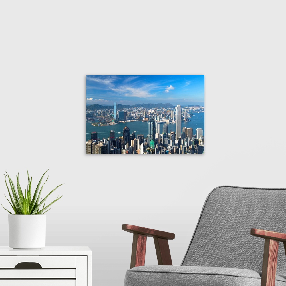 A modern room featuring Skyline Of Hong Kong Island And Kowloon From Victoria Peak, Hong Kong Island, Hong Kong