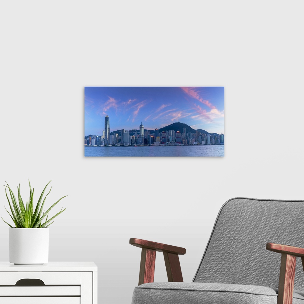 A modern room featuring Skyline of Hong Kong Island at sunset, Hong Kong